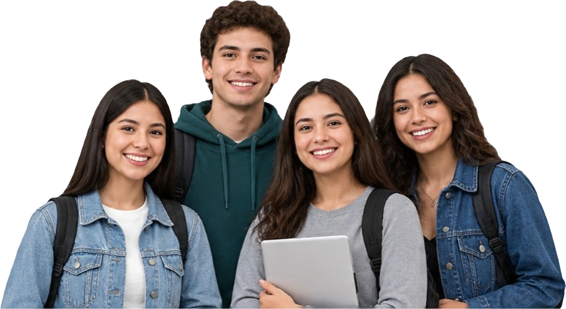 Grupo de cuatro estudiantes universitarios sonrientes