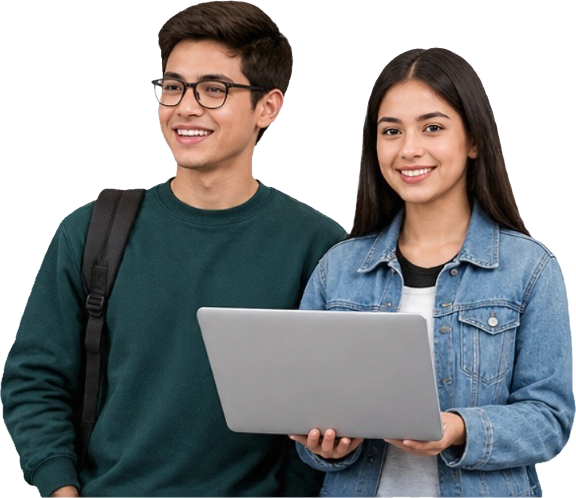 Dos estudiantes universitarios sonrientes revisando una laptop